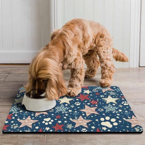 American 4th of July Star Dog Food & Water Mat,Patriotic Independence Memorial Day Paw Prints Pet Feeding Mat for Floor Non-Slip Waterproof, Super Absorbent Cat Bowl Mat, Pet Placemat,16" × 24" - Image 4