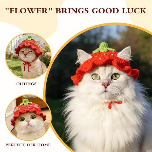 Strawberry Cat Hat, Cotton & Soft Cute Knitted Hats for Cats Birthday Party Christmas Puppy Hat for Small Pets (Red, M) - Image 2