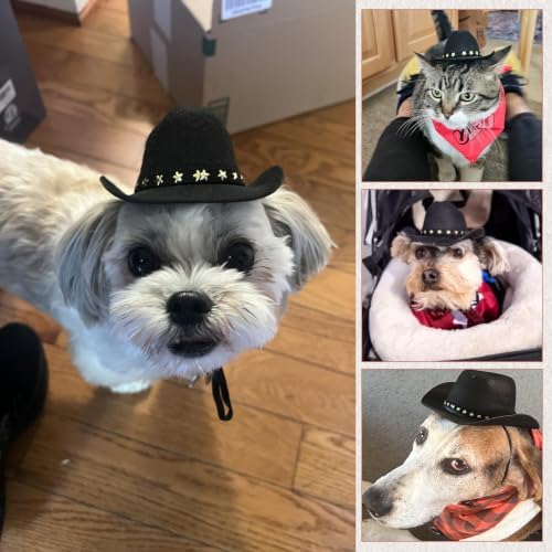 Pet Cowboy Costume, Dog Cowboy Hat with Bandana Scarf, Adjustable Cat Cowboy Hat for Party Cosplay Christmas, Halloween Cowboy Costumes for Small Pet Dogs Cats (Black, Small) - Image 6
