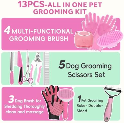Dog Brush for Shedding 13pcs Bath Grooming Kit with Pet Nail Clipper and File - Dog Bath Brush Cat Grooming Supplies, Dematting Comb Bath Brush Shampoo Scrubber for Dogs and Cats - Image 2