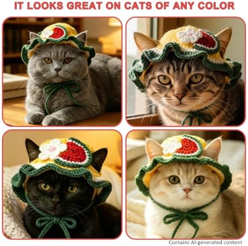 Watermelon Cat Hat, Cotton & Soft Cute Knitted Hats for Cats Birthday Party Spring Christmas Puppy Hat for Small Pets (Green,M) - Image 5