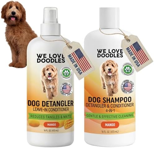 Dog Shampoo & Dog Detangler Spray, Tearless, Dog Bath Supplies, Mango 16 oz by WeLoveDoodles