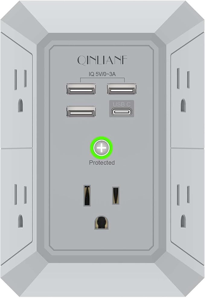 USB Wall Charger, Surge Protector, QINLIANF 5 Outlet Extender with 4 USB Charging Ports(3U1C) 3-Sided 1680J Power Strip Multi Plug Outlets Wall Adapter Spaced for Home Travel Office, Grey by QINLIANF