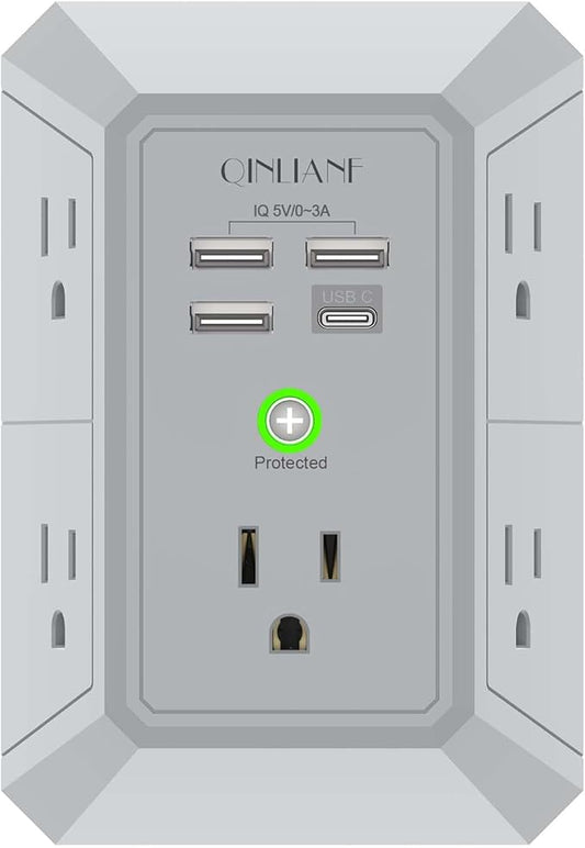 USB Wall Charger, Surge Protector, QINLIANF 5 Outlet Extender with 4 USB Charging Ports(3U1C) 3-Sided 1680J Power Strip Multi Plug Outlets Wall Adapter Spaced for Home Travel Office, Grey by QINLIANF