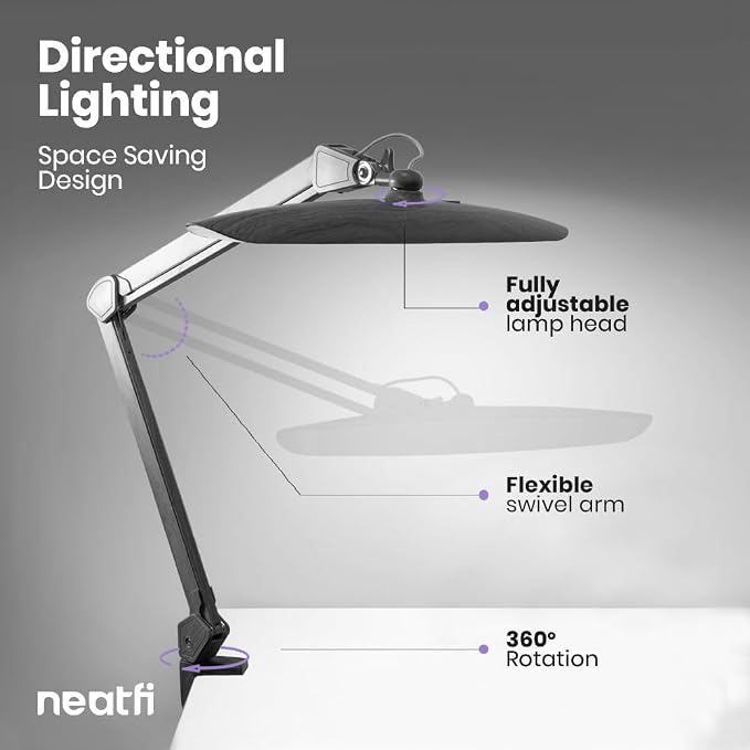 Neatfi XL 2200 Lumens 24W LED Desk Lamp – Shadow-Free Task Lighting | 4-Level Dimming | Home Office & Crafts Use | 20-Inch Wide Head (Gray Wood, Non-CCT with Clamp) - Image 5