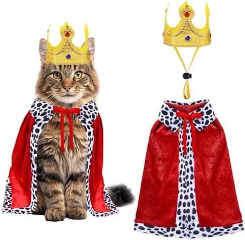 GOYOSWA Cat Halloween Costumes, Pet Cat King Costume King Red Cloak Golden Crown Set Halloween King Prince Costumes for Cats Kitty Small Dogs by GOYOSWA
