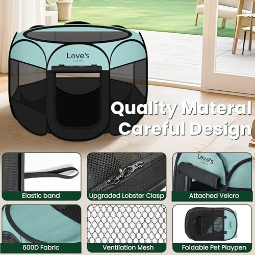 Love's cabin Pet Puppy Dog Playpen, Medium Dog Tent Crates Cage Indoor/Outdoor, Portable Playpen for Cat, Foldable Pop Up Dog Kennel Playpen with Carring Case, Removable Zipper Top, Green - Image 5