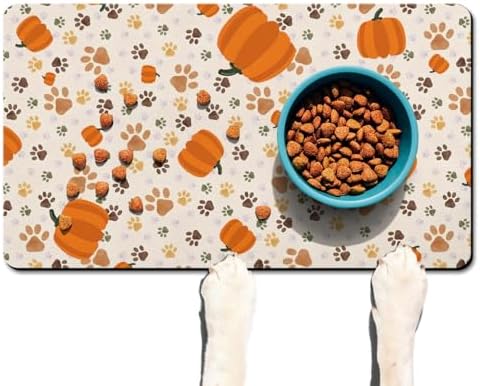 Fall Pumpkin Dog Food & Water Mat, Paw Prints Autumn Pet Feeding Mat for Floor Non-Slip Waterproof, Super Absorbent Cat Bowl Mat, Easy to Clean Eco-Friendly Durable Pet Placemat,12" × 20" - Image 3