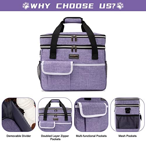 BAGLHER Dog Travel Bag for Supplies - Double-Layer Airline Approved Weekend Pet Travel Organizer Set for Dog and Cat Tote with 2 Pet Food Containers and 2 Collapsible Silicone Bowls Purple - Image 3