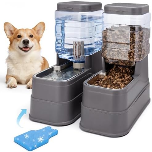 Automatic Cat Feeder and Water Dispenser with Stainless Steel Bowl with Ice Pack Gravity Food Feeder and Waterer Set Feeding Raised Bowls with Filter for Dog 1.3 Gallon x 2(Grey) by Kacoomi