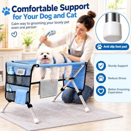 Pet Grooming Table for Small Dogs and Cats, Elevated Grooming Station with Stainless Steel Stand and Quick-Dry Mesh, Dog Grooming Hammock Stand for Bathing, Nail Trimming, Brushing, Drying, 30 lb - Image 5