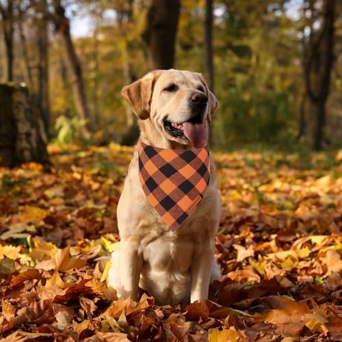 ADOGGYGO Fall Thanksgiving Dog Bandanas, Orange Plaid Dog Scarf, X-Large - Image 2