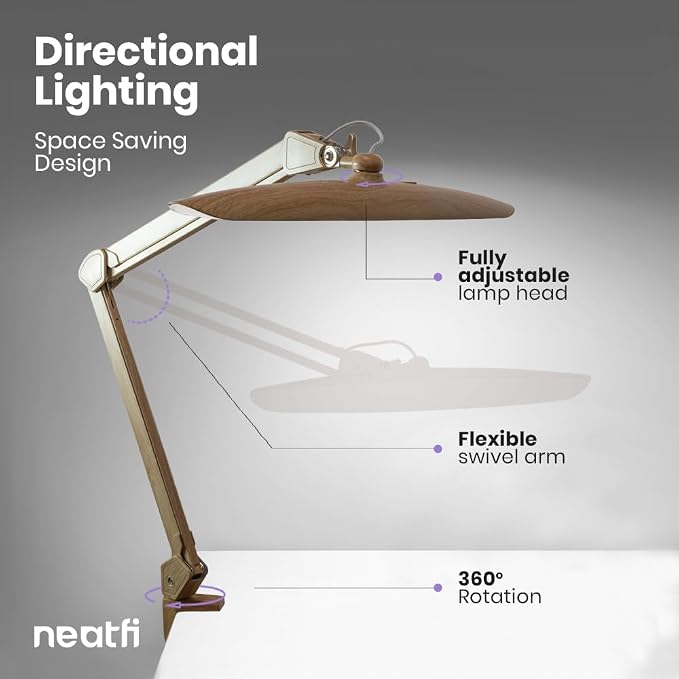 Neatfi XL 2200 Lumens 24W LED Desk Lamp – Shadow-Free Task Lighting | 4-Level Dimming | Home Office & Crafts Use | 20-Inch Wide Head (Brown Wood, Non-CCT with Clamp) - Image 5