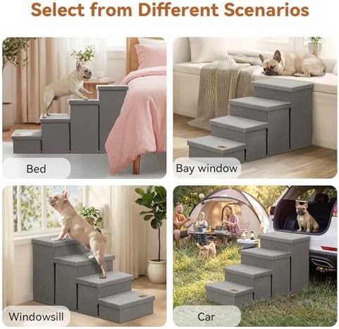 Zerbuger Dog Stairs with Storage, Grey 4 Steps Dog Ramp no Condo for Bed - Image 6