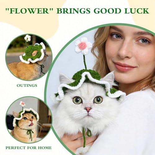 Flower Cat Hat, Cotton & Soft Cute Knitted Hats for Cats Birthday Party Spring Christmas Puppy Hat for Small Pets (Green,M) - Image 2