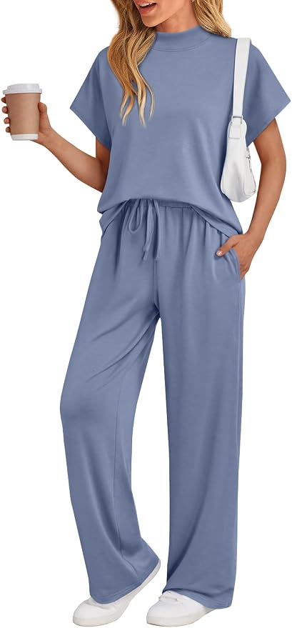 AUTOMET Women's 2 Piece Matching Lounge Sets 2026 Summer Mock Neck Sweatsuits Short Sleeve Loungewear Travel Outfits by AUTOMET