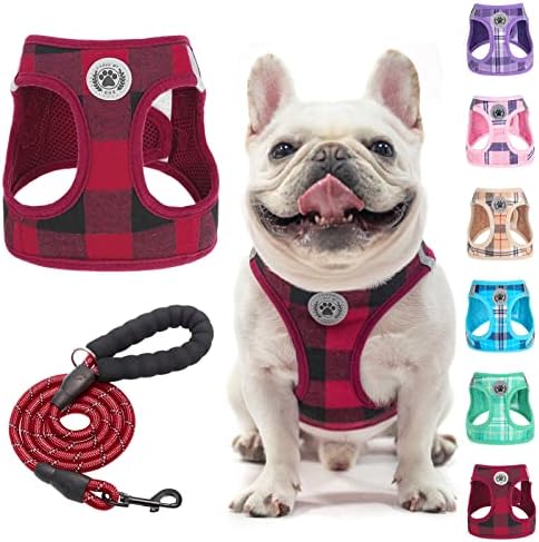 BEAUTYZOO Small Dog Harness and Leash Set,Step in No Choke No Pull Soft Mesh Dog Harnesses Reflective for Extra-Small/Small Medium Puppy Dogs and Cats, Plaid Dog Vest Harness for XS S Pets, Red L by BEAUTYZOO