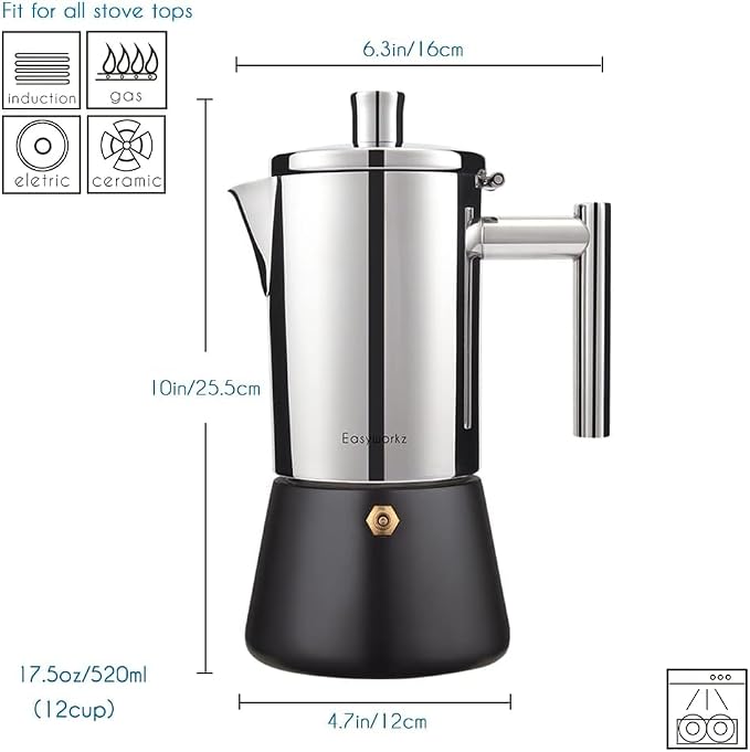 Easyworkz Diego Stovetop Espresso Maker Stainless Steel Italian Coffee Machine Maker 12Cup 17.5 oz Induction Moka Pot - Image 2