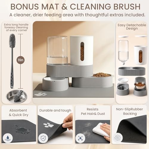 Gravity Cat Feeder 2 Pack Automatic Food Feeder and Water Dispenser Set Detachable Pet Bowl with Silicone Mat and Brush for Cats Small Medium Dogs, Large Capacity(Grey) - Image 6