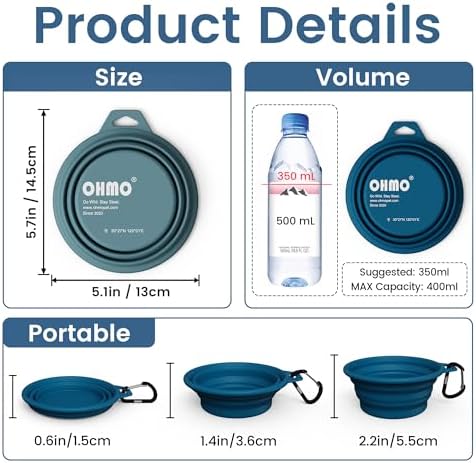 OHMO Small Collapsible Dog Bowls, Steel Rim, 12oz, 2pcs, Dark&Light Blue - Image 2