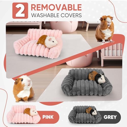 Guinea Pig Couch - Fluffy Small Pet Sofa with with Two Removable Washable Covers, Guinea Pig Bed with Stuffed Arms and Back, Super Cozy Corduroy Fleece, Pink and Dark Gray Respectively - Image 2