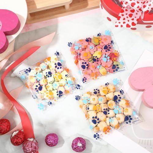 Pasimy 200 Pcs Dog Paw Treat Bags, Clear Self Adhesive Blue Orange - Image 4