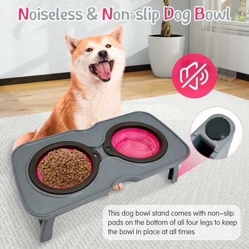 PINVNBY Elevated Dog Bowls Portable Raised Dog Bowl Stand with 2 Collapsible Silicone Food Bowl Non-Slip Travel Bowls for Small Dogs and Cats (14.6" L x 3.9" W x 3.9" H) - Image 7