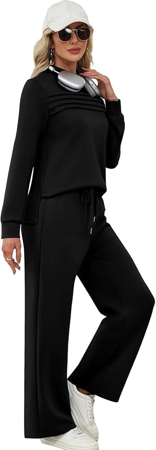 WIHOLL Two Piece Sets for Women Fall Travel Vacation Outfits 2026 Long Sleeve Lounge Sets Side Slit Wide Leg Pants XS-3XL - Image 4
