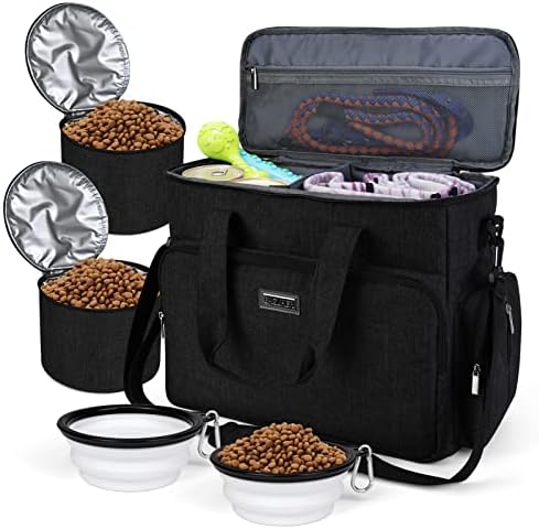 BAGLHER Dog Travel Bag, Airline Approved Pet Tote Organizer with Multi-Function Pockets, 2 X Food Storage Containers and 2 X Collapsible Bowls, Perfect Weekend Pet Travel Set for Dog, Cat Black by BAGLHER