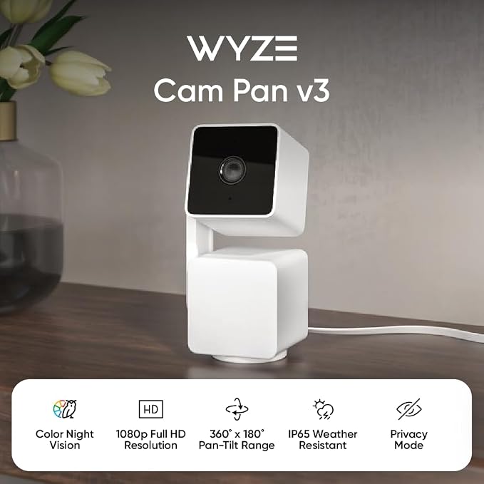 WYZE Cam Pan v3, Indoor/Outdoor IP65-Rated 1080p Pan/Tilt/Zoom Wi-Fi Smart Home Security Camera with Color Night Vision, 2-Way Audio, Compatible with Alexa & Google Assistant, Free Expert Setup - Image 2