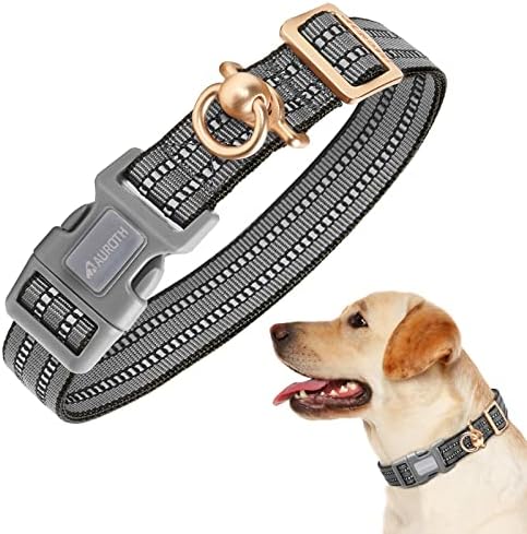 Auroth Dog Collar for Medium Large Dogs, Reflective Dog Collar, Soft Nylon Adjustable Dog Collars with Heavy Duty Metal D Ring Tangle Free (Large:15.7"-27.1", Grey) by AurothPets