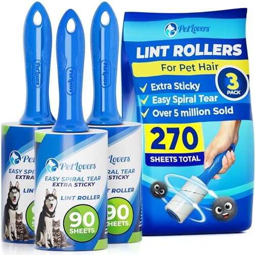 PetLovers Extra Sticky Lint Roller Value Set 270 Sheets for Pet Hair Removal and Clothes, Dog and Cat Lint Remover, 3 Pack by PetLovers