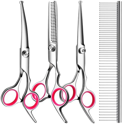 TINMARDA Dog Grooming Kit, Professional Stainless Steel Dog Grooming Scissors with Curved Shears, Pink Finger Rings - 4 Piece Sharp Durable Pet Shears for Dogs Cats At Home Salon-Quality Grooming by TINMARDA
