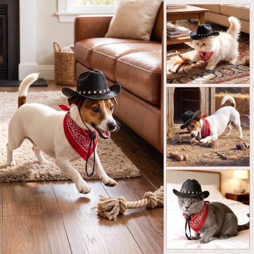 Pet Cowboy Costume, Dog Cowboy Hat with Bandana Scarf, Adjustable Cat Cowboy Hat for Party Cosplay Christmas, Halloween Cowboy Costumes for Small Pet Dogs Cats (Black, Medium) - Image 7