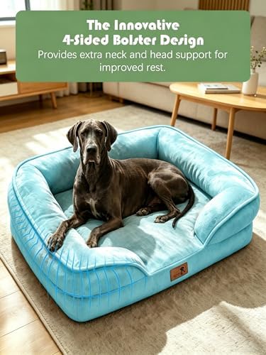 Spotted Play Orthopedic Dog Bed with Sides - Sofa Beds for Extra Large Dogs, Supportive Foam Pet Couch Bed with Washable Removable Cover, Waterproof Lining and Non-Slip Bottom, Ice Blue - XXL - Image 5