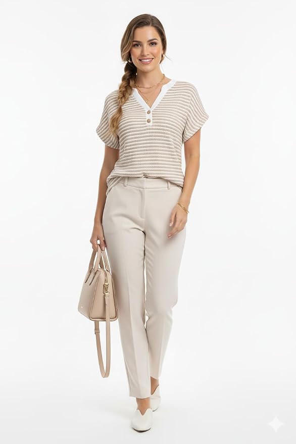 Womens Henley Summer Tops V Neck Button Dressy Casual T Shirts Blouses | Breathable, V-Neck Button, Striped, Loose Fit, Business Casual, Office, Vacation, Spring Summer Tops, Basic Shirts - Image 4