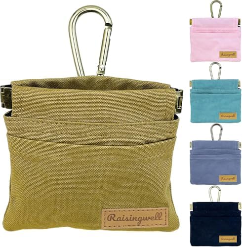 Raisingwell Dog Treat Pouch, Brown Pocket Sized Pet Training Pouch, Cotton Fabric, Hand Free Dog Walking Bag with Carabiner, Self-Closing Pet Feed Snack Reward, for Puppy Travel or Outdoor Use by Raisingwell