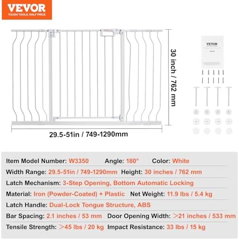 VEVOR 29.5-53" Extra Wide Safety Gate for Stairs, Auto Close Dog Gate for The House, Easy Install Pressure Mounted Pet Gates for Doorways, Easy Walk Thru Wide Safety Gate for Dog, White - Image 7