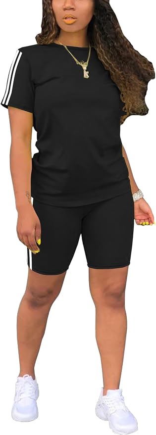 STOLKISS Women 2 piece Short Sets Classic Striped Outfits Summer Casual Short Sleeve T-Shirt and Short Jogger Tracksuits Sets by STOLKISSWOMENSCLOTHES