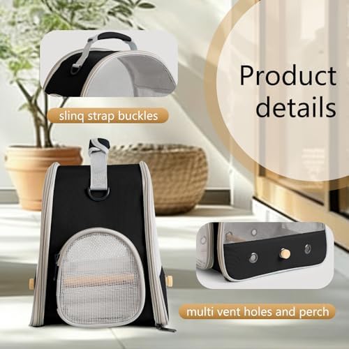 Bird Carrier, Portable Small Bird Parrot Parakeet Carrier with Standing Perch and Soft Mat, Side Access Window Collapsible (Black, Mesh Windows) - Image 3