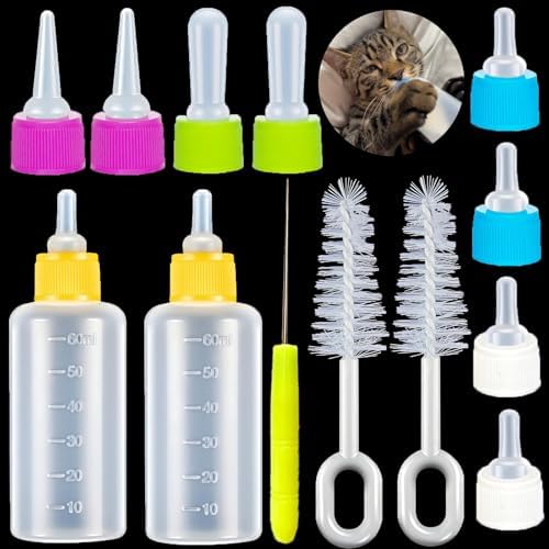 60ml Newborn Pet Feeding Bottle Kit | Puppy Kitten Nursing Bottles with 10 Silicone Nipples, Cleaning Brushes & Nipple Puncher | Anti-Choke Milk Feeder for Small Animals by YIBIKEHO
