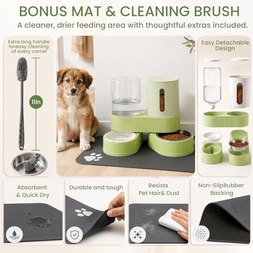 Gravity Cat Feeder 2 Pack Automatic Food Feeder Stainless Steel Water Dispenser Set 360° Rotatable Pet Bowls with Silicone Mat and Brush for Cats Small Medium Dogs, Large Capacity(Green) - Image 6