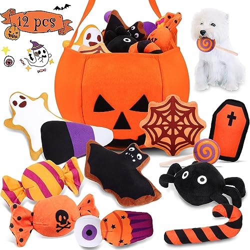 12 Pcs Halloween Dog Toys, Pumpkin Bag Plush Squeaky Set by Glimin