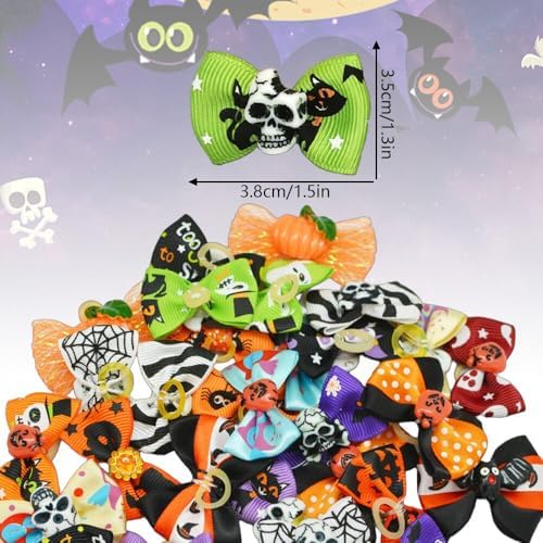 20Pcs/10 Pairs Puppy Yorkie Dog Hair Bow Halloween Ribbon with Rubber Band 40mm, Mix Colors Varies Patterns Pet Grooming Products (Halloween) - Image 4