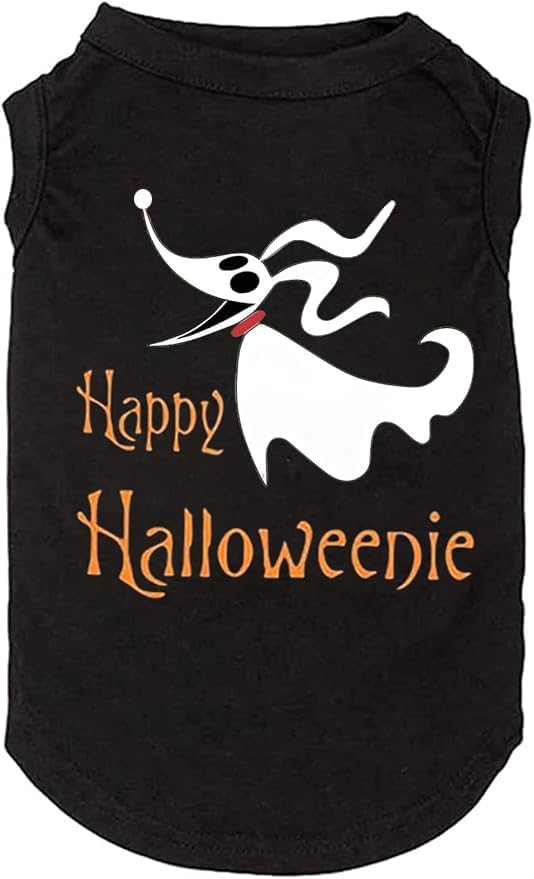 Funy Pumpkin T-Shirt Cute Ghost Dog Bone Print Shirt & Vest - Small to X-Large, Black by weokwock