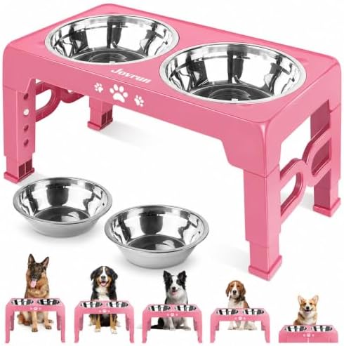 Jovrun Elevated Dog Bowls for Medium Large Size Dogs, Non-Slip Dog Feeder with 2 Stainless Steel Dishes, 5 Heights Adjustable Raised Bowls to 3.15″-8.66″-9.84″-11.02″-12.2″ by Jovrun