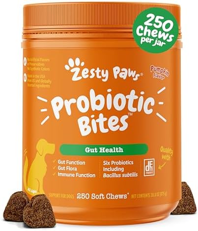 Zesty Paws Probiotics for Dogs, Digestive Enzymes Gut Flora, Digestive Health, Diarrhea & Bowel Support, DE111, Dog Probiotic Soft Chew for Pet Immune System, Pumpkin, 250 Ct by ZestyPaws