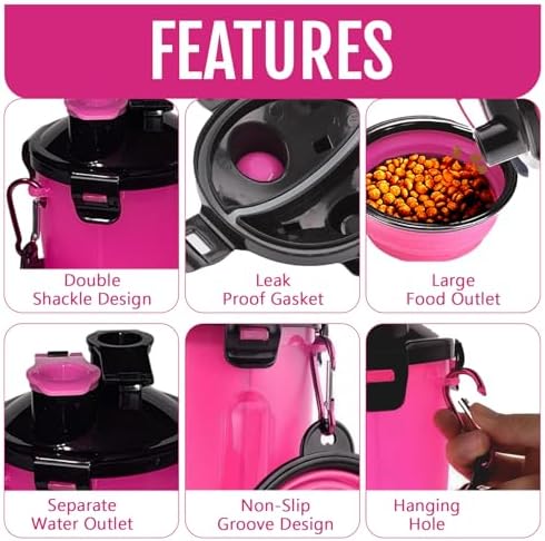 Dog Travel Water Bottle W/Collapsible Bowls - Portable 2 in 1 Leakproof Pet Water Bottle Food Container Ideal for Travel, Outdoor Portable Water Bowls for Walking, Camping & Hiking - (Pink) - Image 2