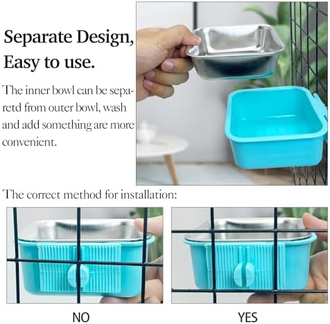 kathson Crate Dog Bowl, Removable Stainless Steel Hanging Pet Kennel Cage Bowl Food & Water Feeder Coop Cup for Puppy, Cat, Rabbit, Guinea Pigs 2pcs Small Square(Blue, Green) - Image 6