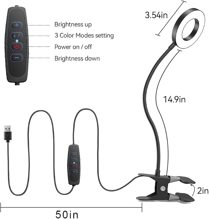 2 Pack LED Clip on Desk Lamp, Metal 360 Adjustable Neck | Eye-Caring Clamp Lamp, Memory Function, 3 Color Modes & 10 Brightness Levels, For Home, Office, Dorm, Bedroom - Image 6